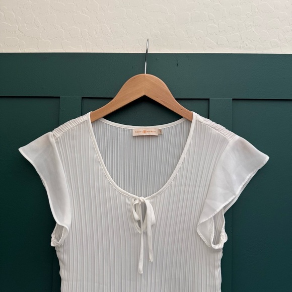 Tory Burch White Pleated Blouse w/ Front Tie - Picture 2 of 6